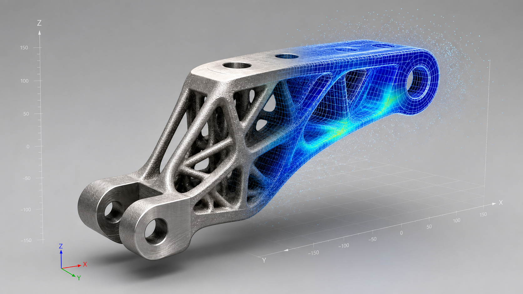 Part digital twin — physical metal geometry transitioning to wireframe mesh with FEA stress visualization